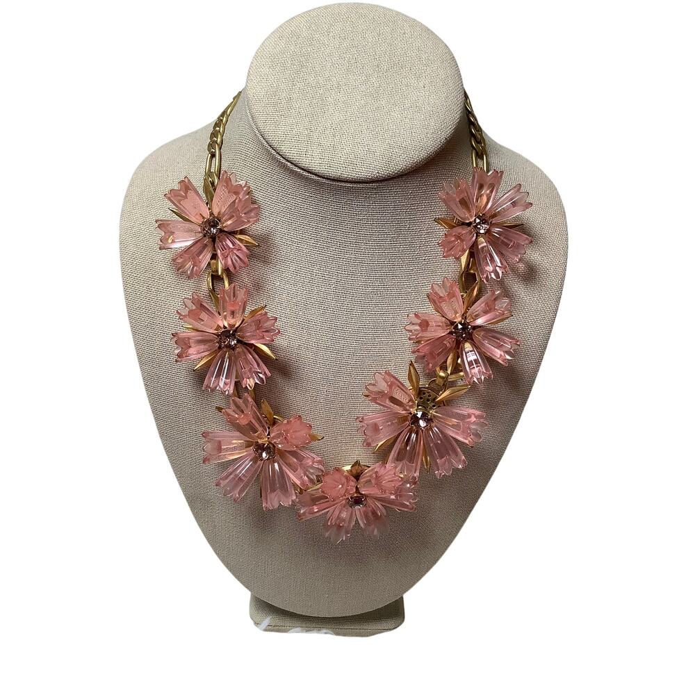 J Crew Gold Tone Pink Dahlia Flower Lucite Rhinestone Statement Necklace B28-5